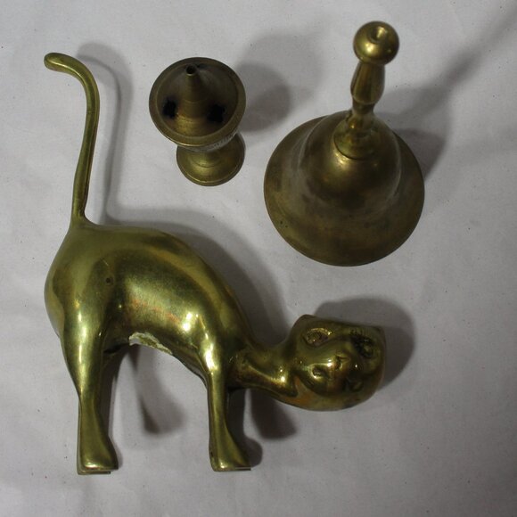 3 Piece Brass Items Bundle Lot Cat Figurine  Bell  Incense Burner - Picture 5 of 6